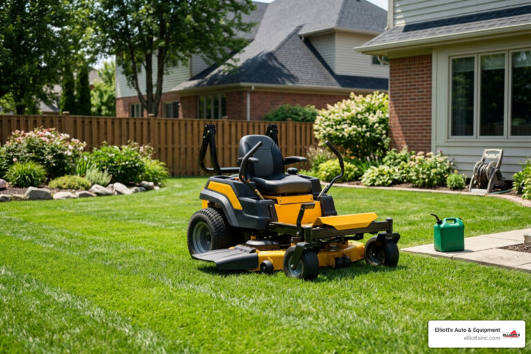 Photorealistic Hustler zero turn lawn mower parked on a perfectly manicured green lawn