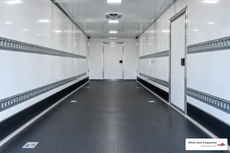 Enclosed cargo trailer interior features and access doors