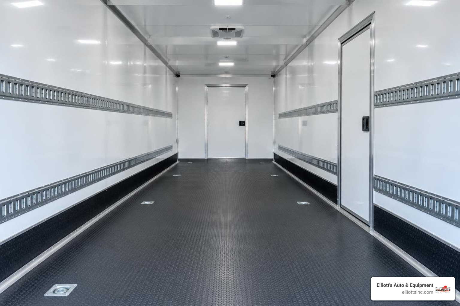 Enclosed cargo trailer interior features and access doors