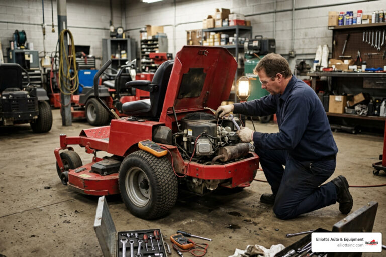Technician troubleshooting engine issue on a Hustler zero turn mower