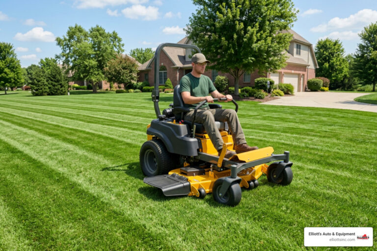 Real photo of a Hustler zero turn lawn mower, brand-visible Hustler-style commercial zero turn mower on a neatly cut lawn